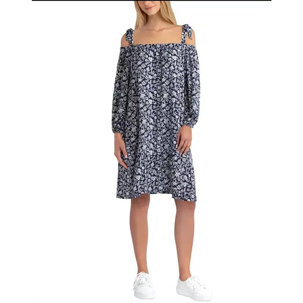 Gigi Parker Floral-Print Cold Shoulder Dress in Navy and White - M